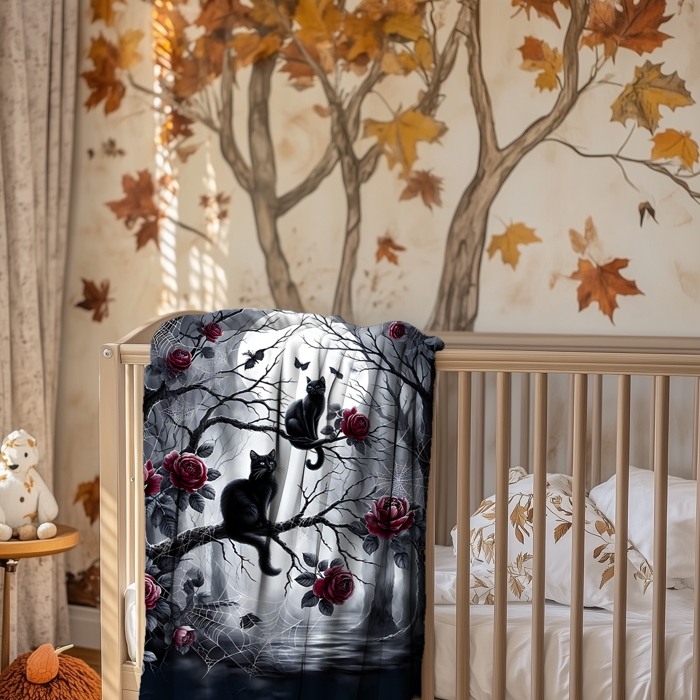 Gothic Black Cats & Roses Velveteen Blanket — Sapphire Eyes Moonlit Halloween Throw