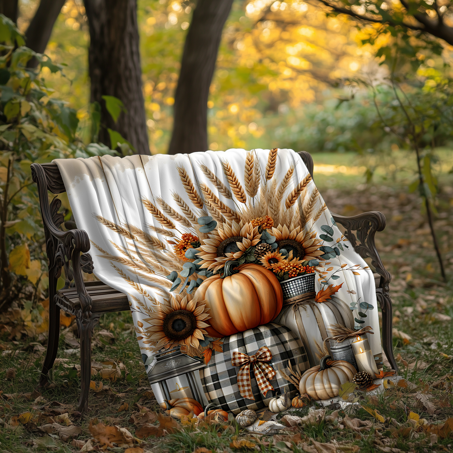 Harvest Glow | Personalized Fall Blanket with Pumpkins & Sunflowers | Cozy Autumn Farmhouse Throw