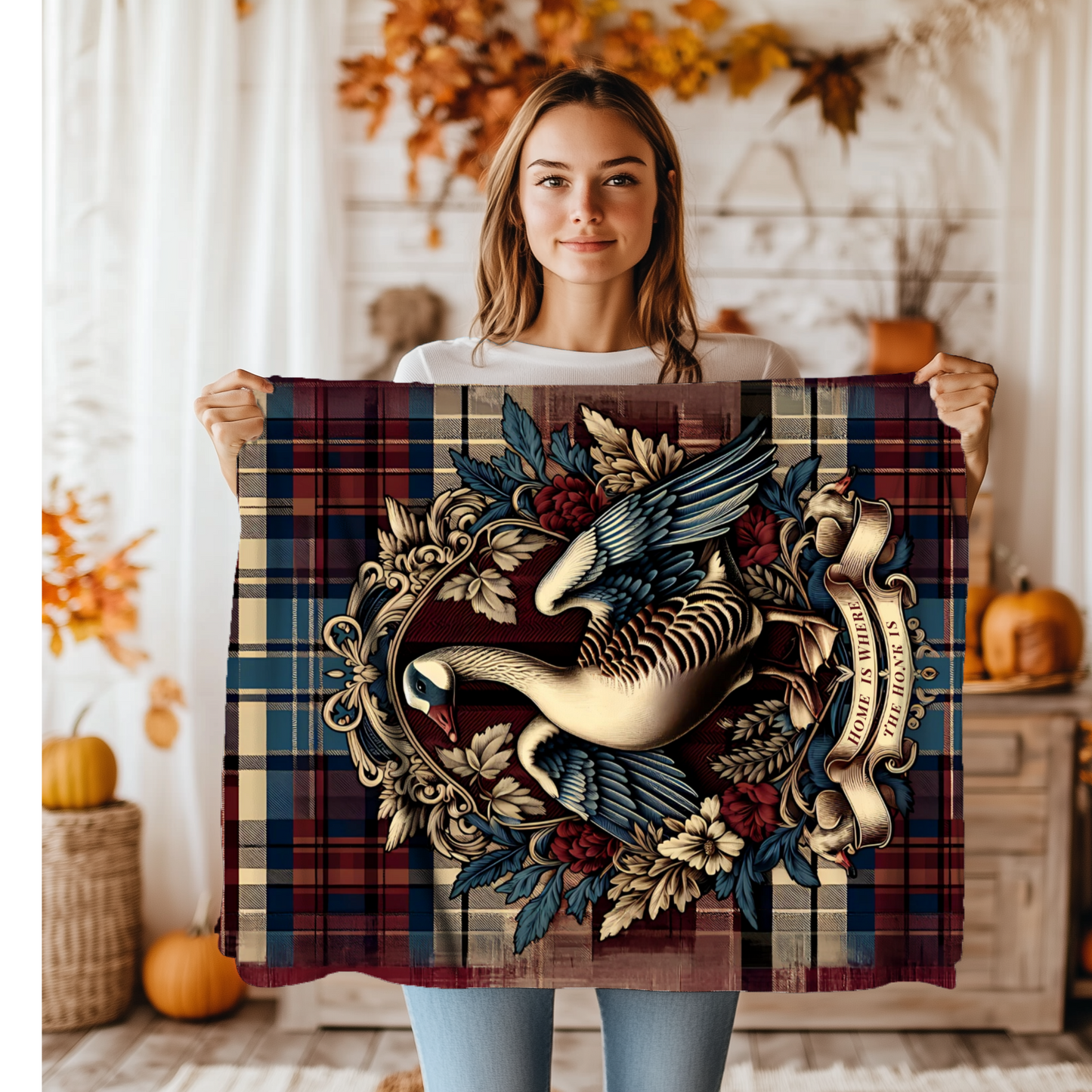 Home is Where the Honk Is Blanket – Rustic Plaid Farmhouse Throw with Vintage Goose Design