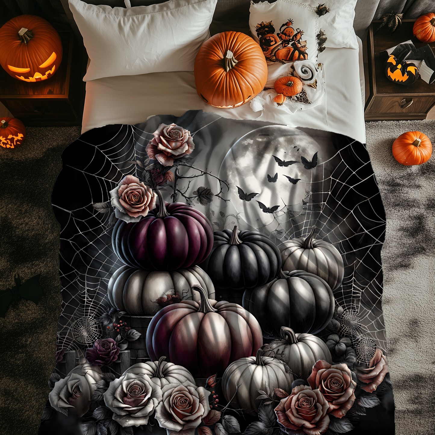 Spooky Gothic Pumpkin and Roses Velveteen Blanket, Elegant Halloween Decor