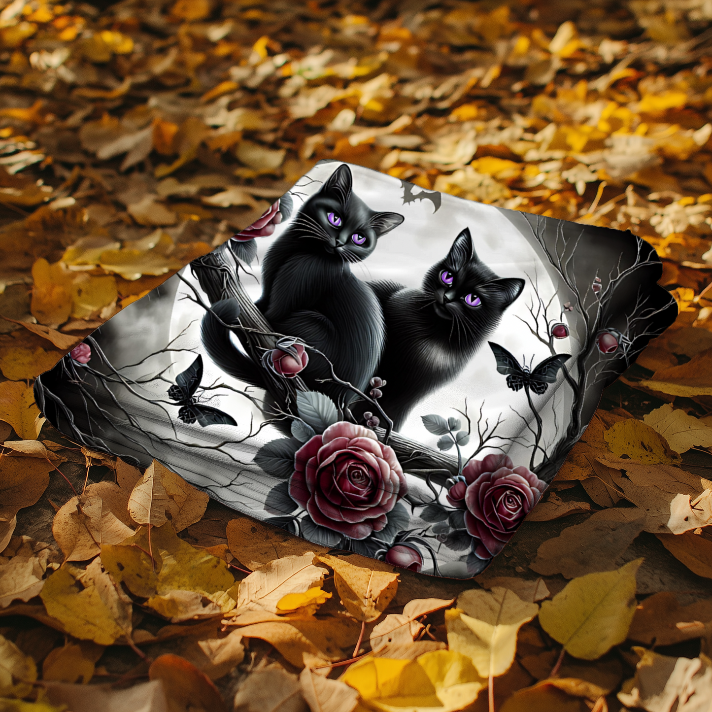 Gothic Black Kittens & Roses Velveteen Blanket — Amethyst Eyes Moonlit Halloween Throw