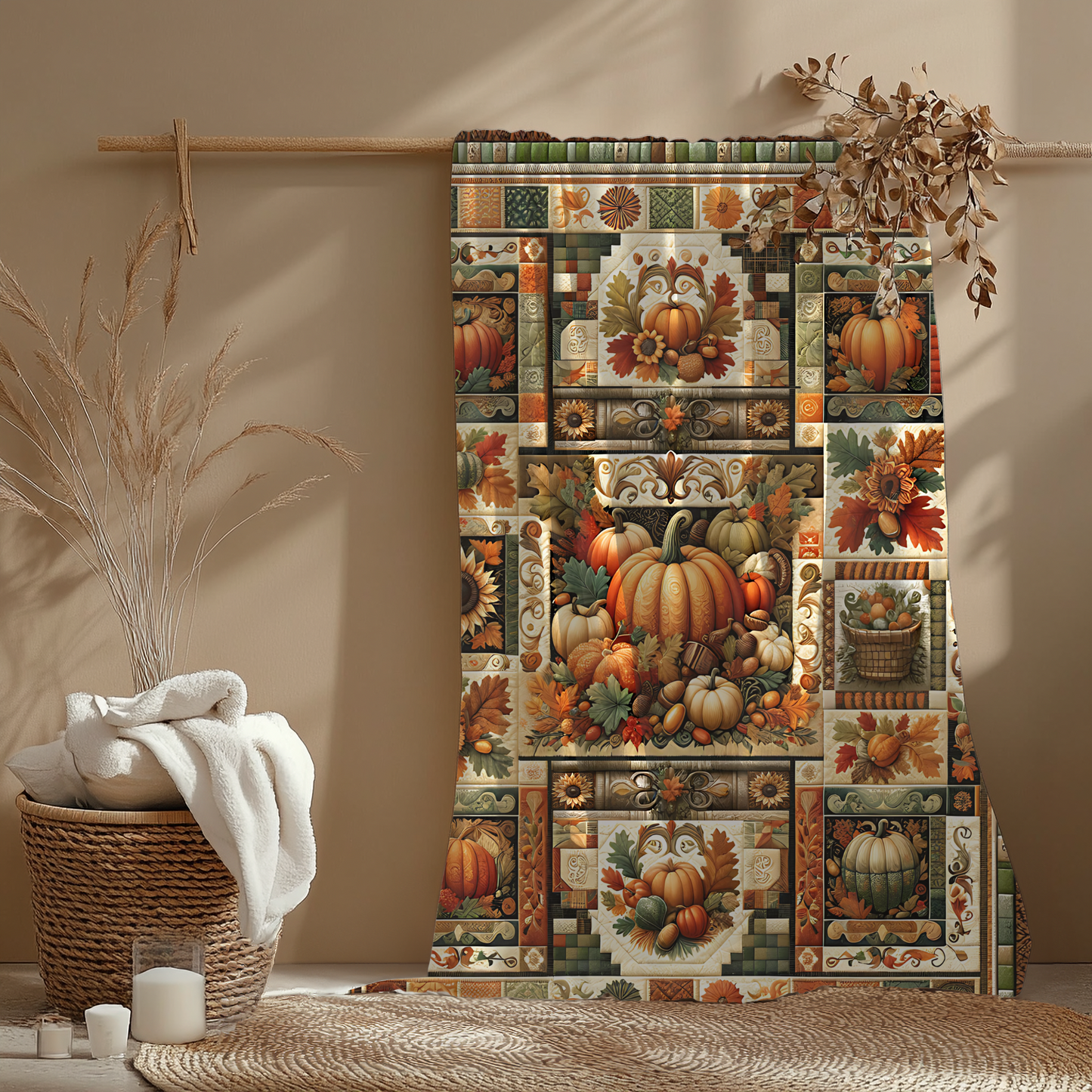 Harvest Patchwork Blanket Gift for Mom, Cozy Autumn Throw with Pumpkins, Sunflowers & Fall Leaves, Rustic Farmhouse Quilt Look, Host Gift