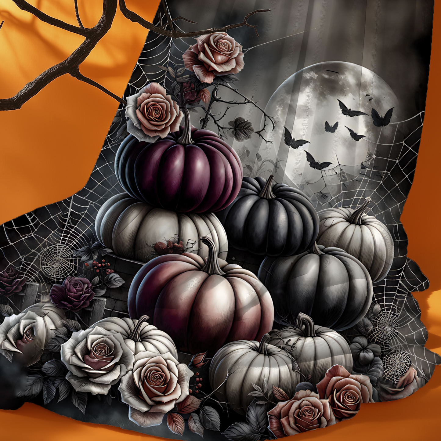 Spooky Gothic Pumpkin and Roses Velveteen Blanket, Elegant Halloween Decor