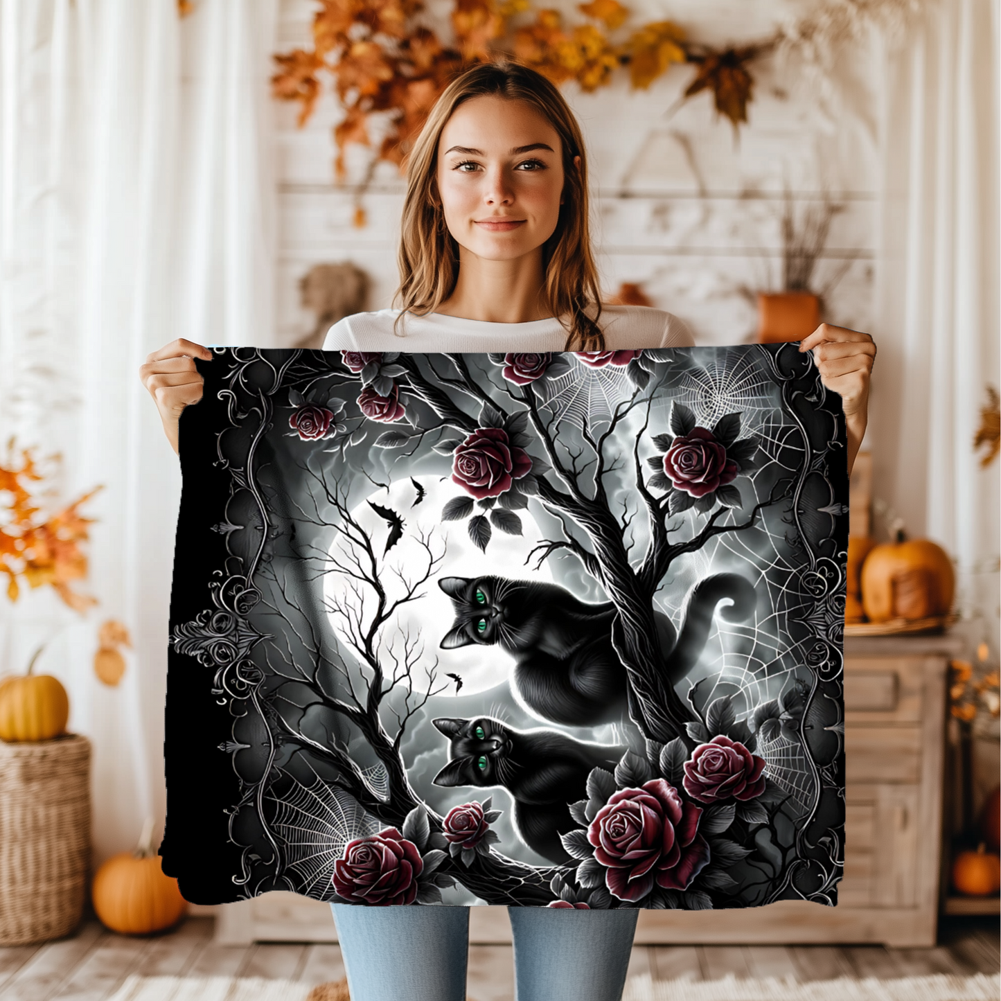 Gothic Black Cats & Roses Velveteen Blanket — Emerald Eyes Moonlit Halloween Throw