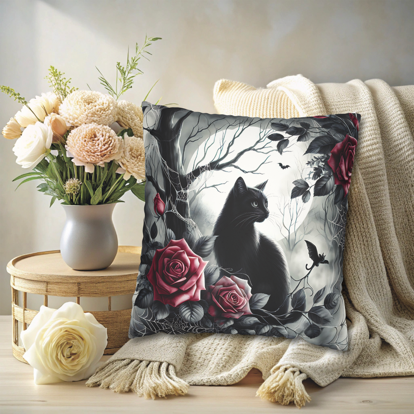 Gothic Black Cat & Roses Pillow Cover — Moonlit Faux Suede Throw Pillowcase