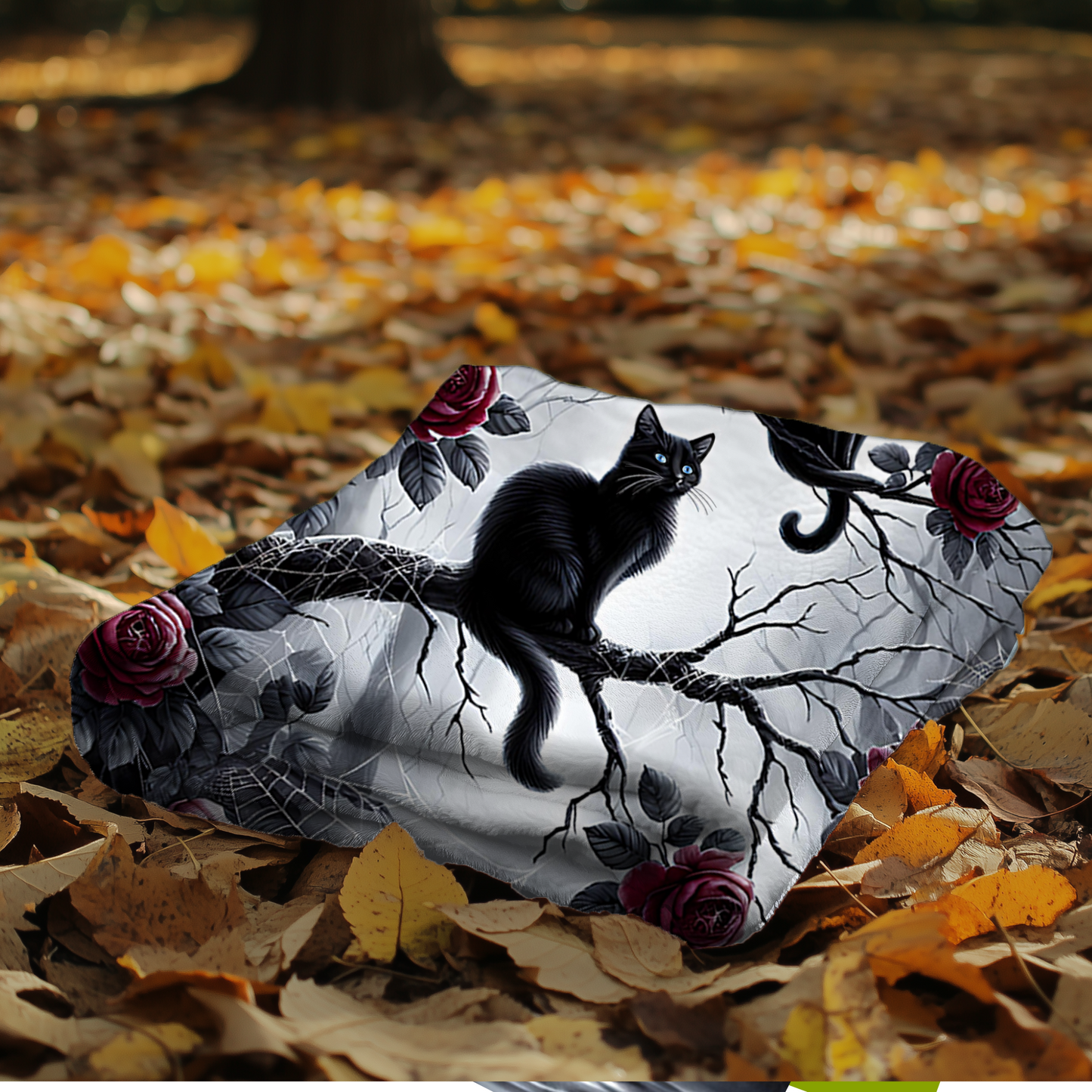 Gothic Black Cats & Roses Velveteen Blanket — Sapphire Eyes Moonlit Halloween Throw