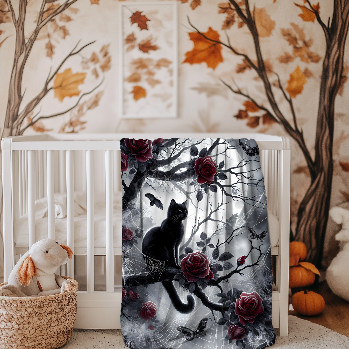 Gothic Black Cat & Roses Velveteen Blanket - Moonlit Spiderweb Halloween Throw in 3 Sizes