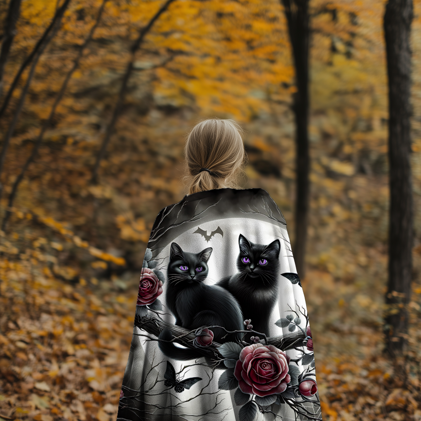 Gothic Black Kittens & Roses Velveteen Blanket — Amethyst Eyes Moonlit Halloween Throw