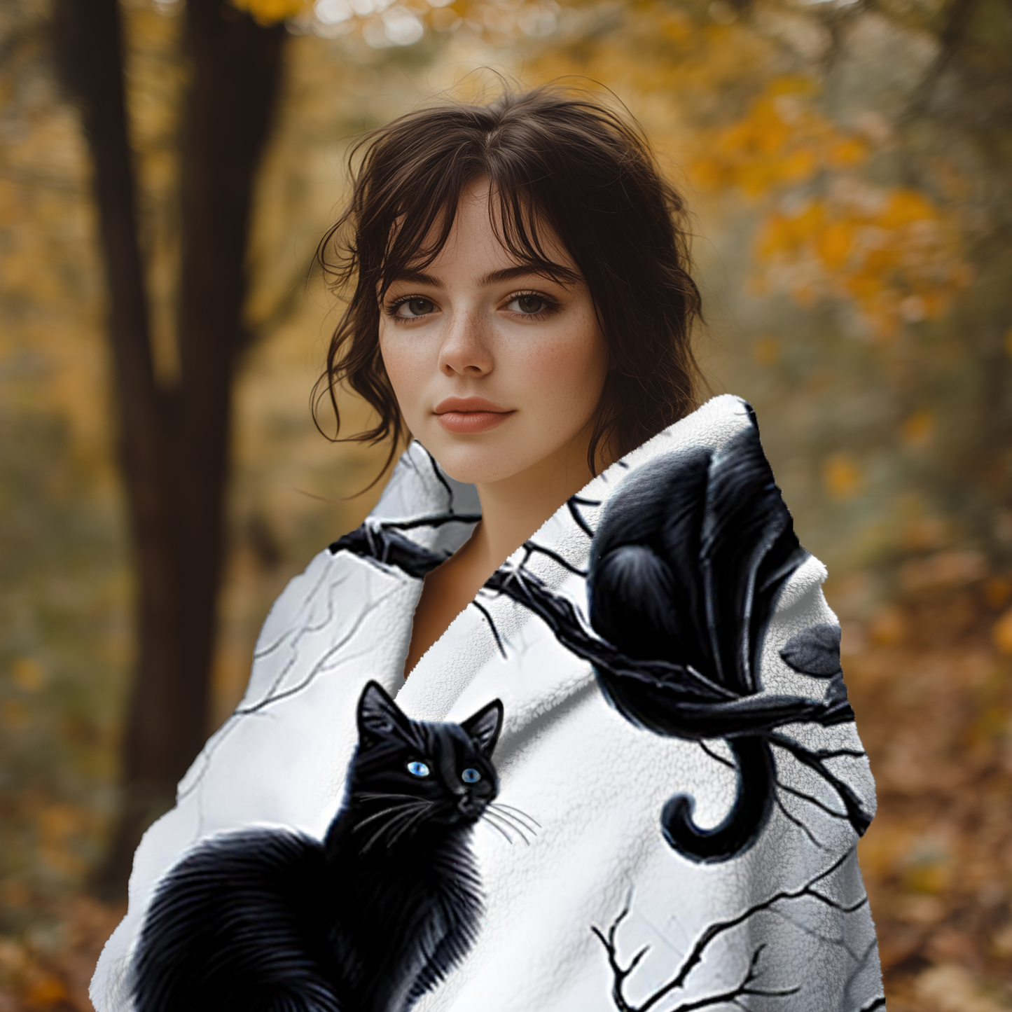 Gothic Black Cats & Roses Velveteen Blanket — Sapphire Eyes Moonlit Halloween Throw