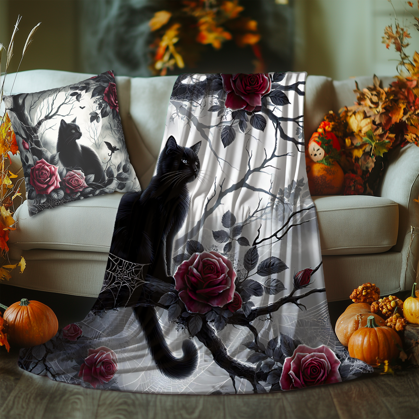 Gothic Black Cat & Roses Pillow Cover — Moonlit Faux Suede Throw Pillowcase