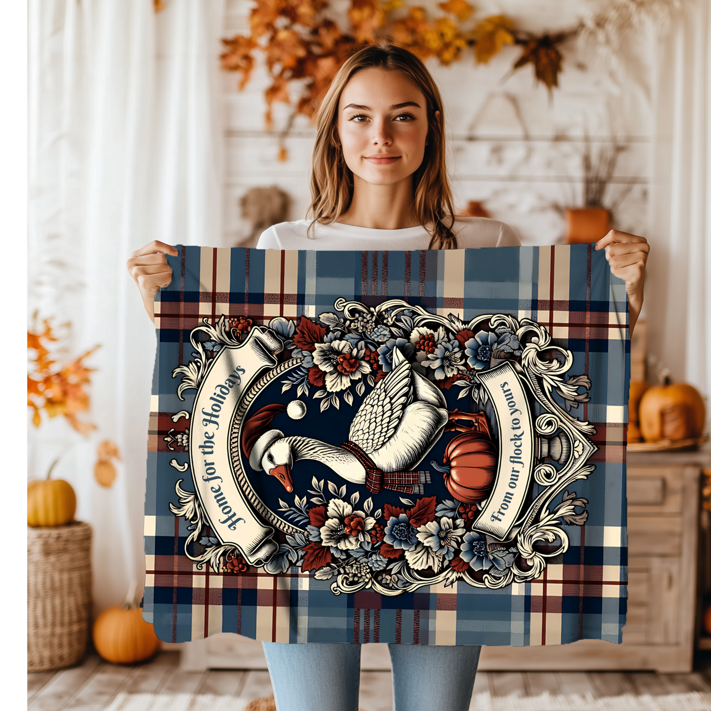 Home for the Holidays Goose Blanket - “From Our Flock to Yours” - Cozy Farmhouse Christmas Throw