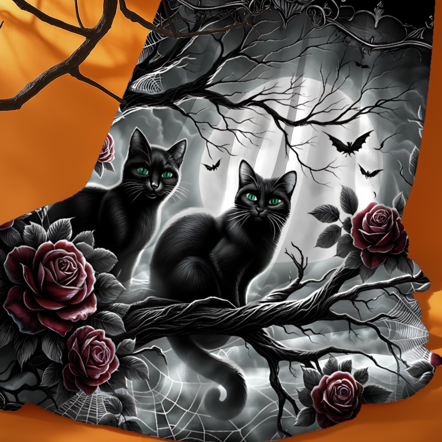 Gothic Black Cats & Roses Velveteen Blanket — Emerald Eyes Moonlit Halloween Throw