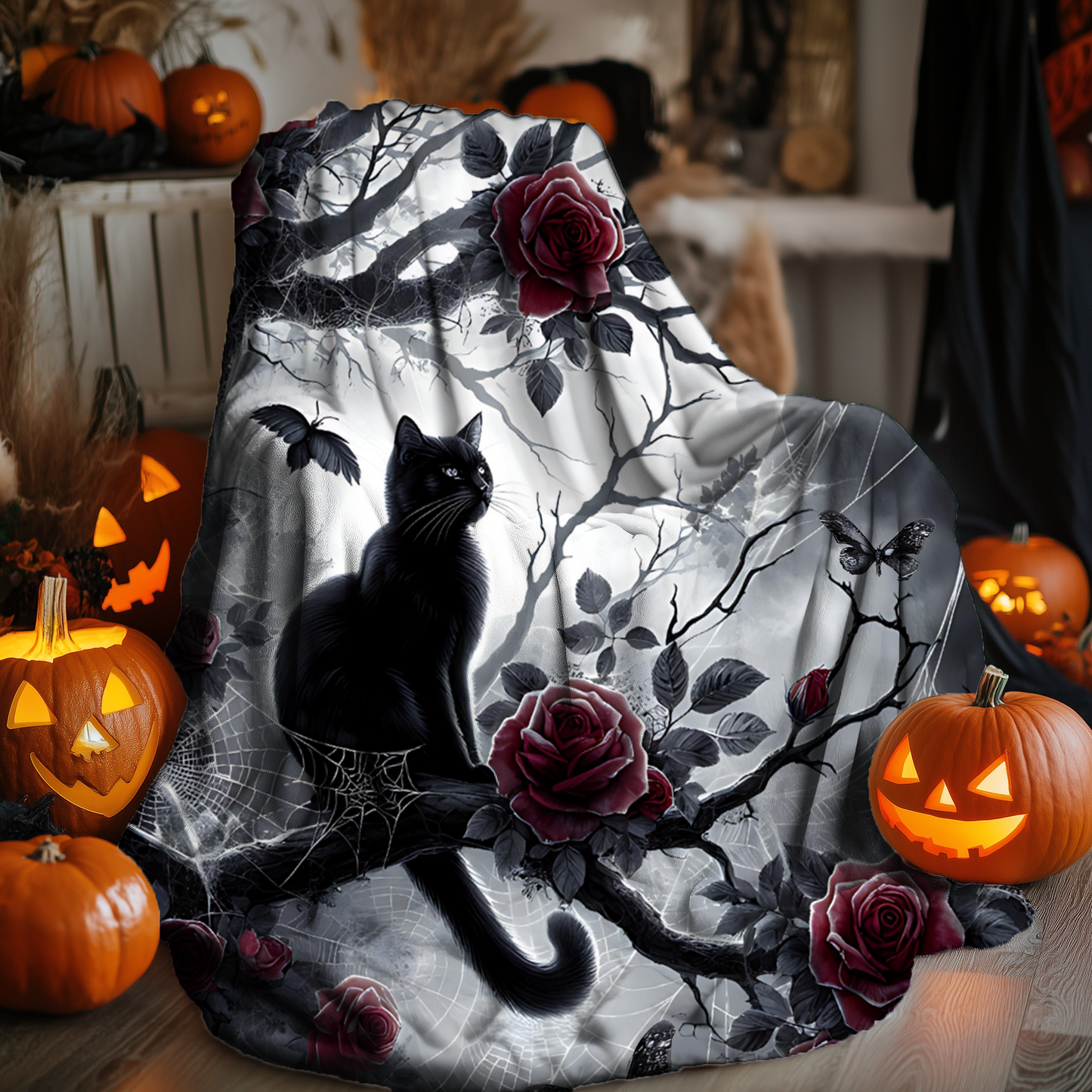 Gothic Black Cat & Roses Velveteen Blanket - Moonlit Spiderweb Halloween Throw in 3 Sizes