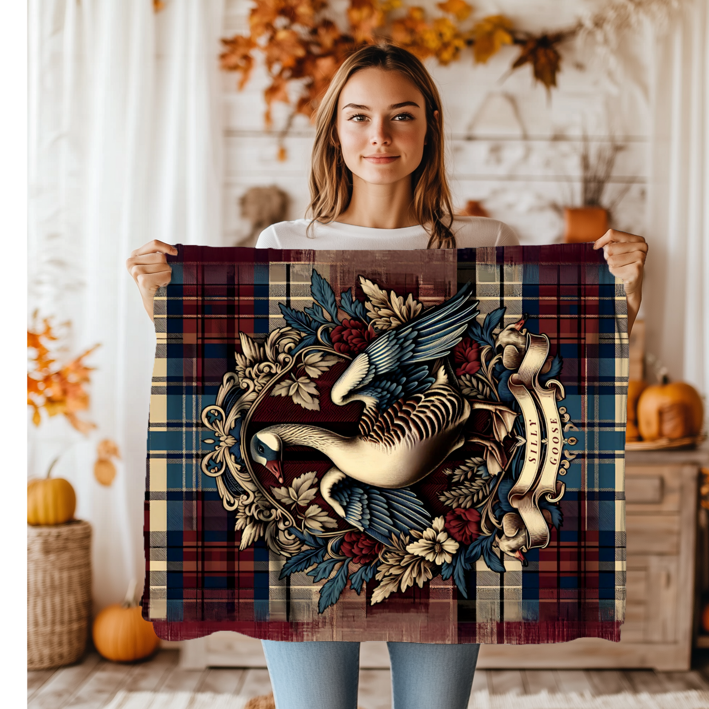 Silly Goose Blanket – Rustic Plaid Farmhouse Throw with Vintage Goose Design