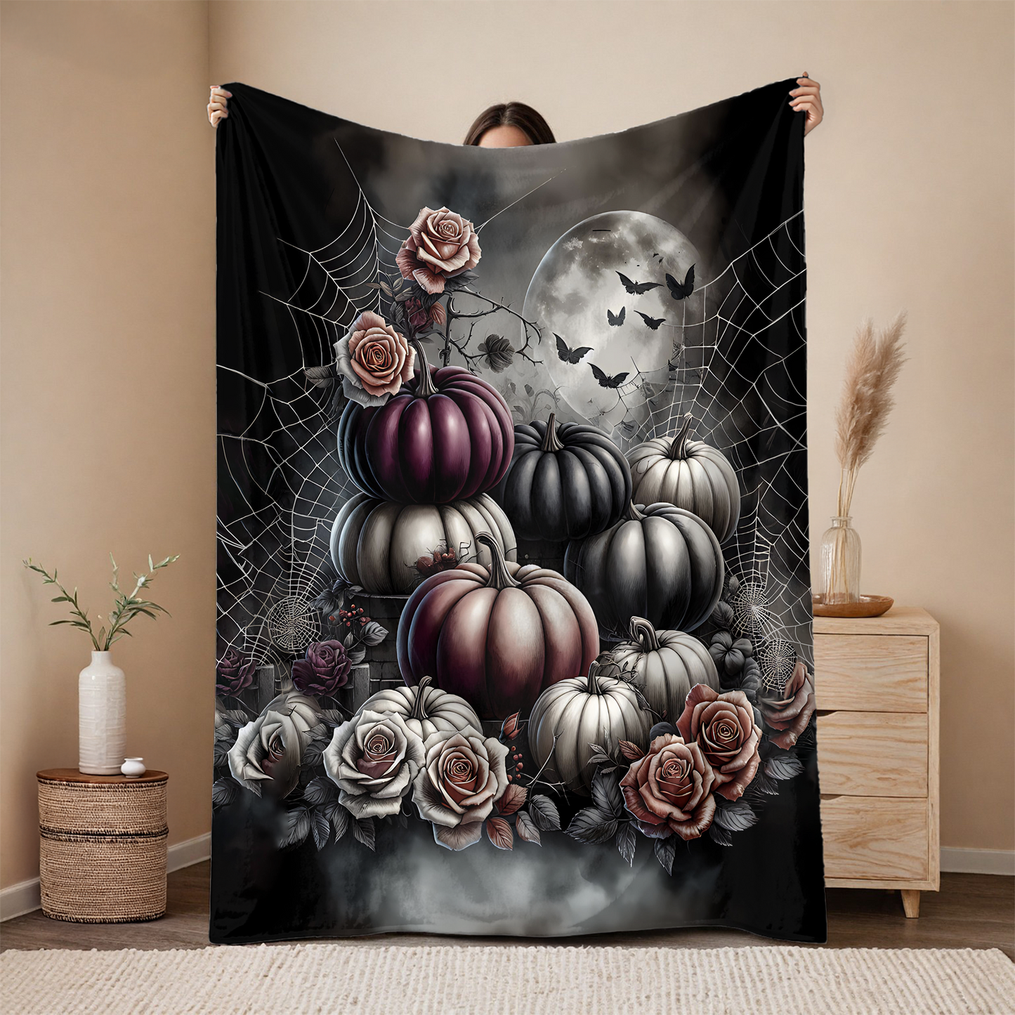 Spooky Gothic Pumpkin and Roses Velveteen Blanket, Elegant Halloween Decor