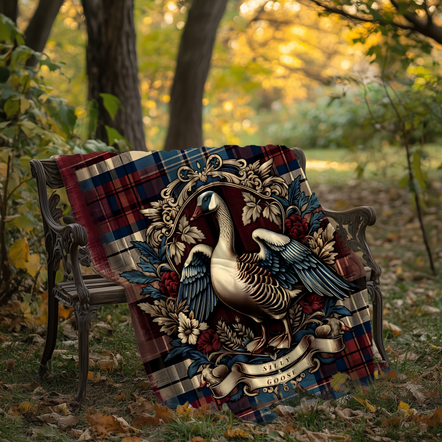 Silly Goose Blanket – Rustic Plaid Farmhouse Throw with Vintage Goose Design