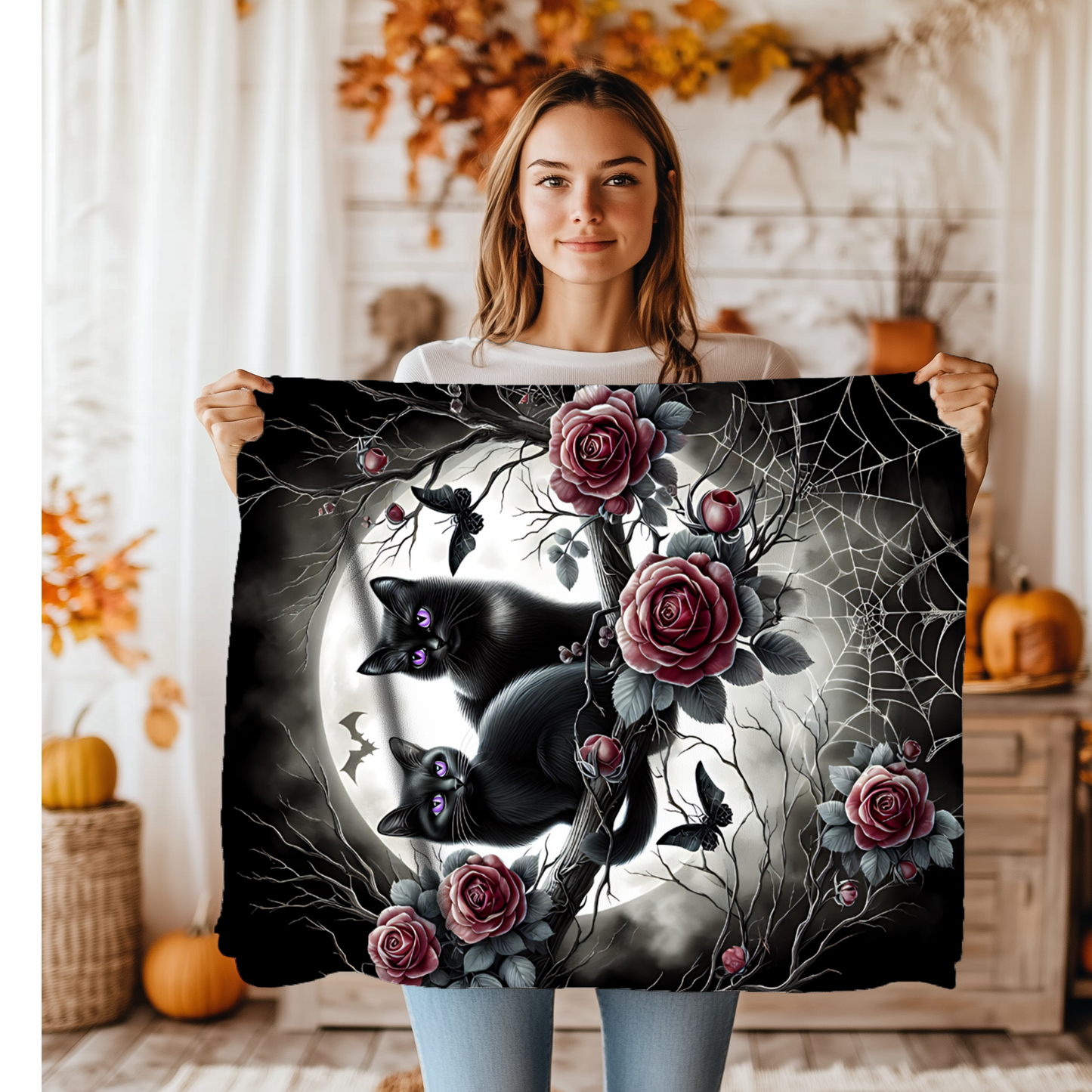 Gothic Black Kittens & Roses Velveteen Blanket — Amethyst Eyes Moonlit Halloween Throw