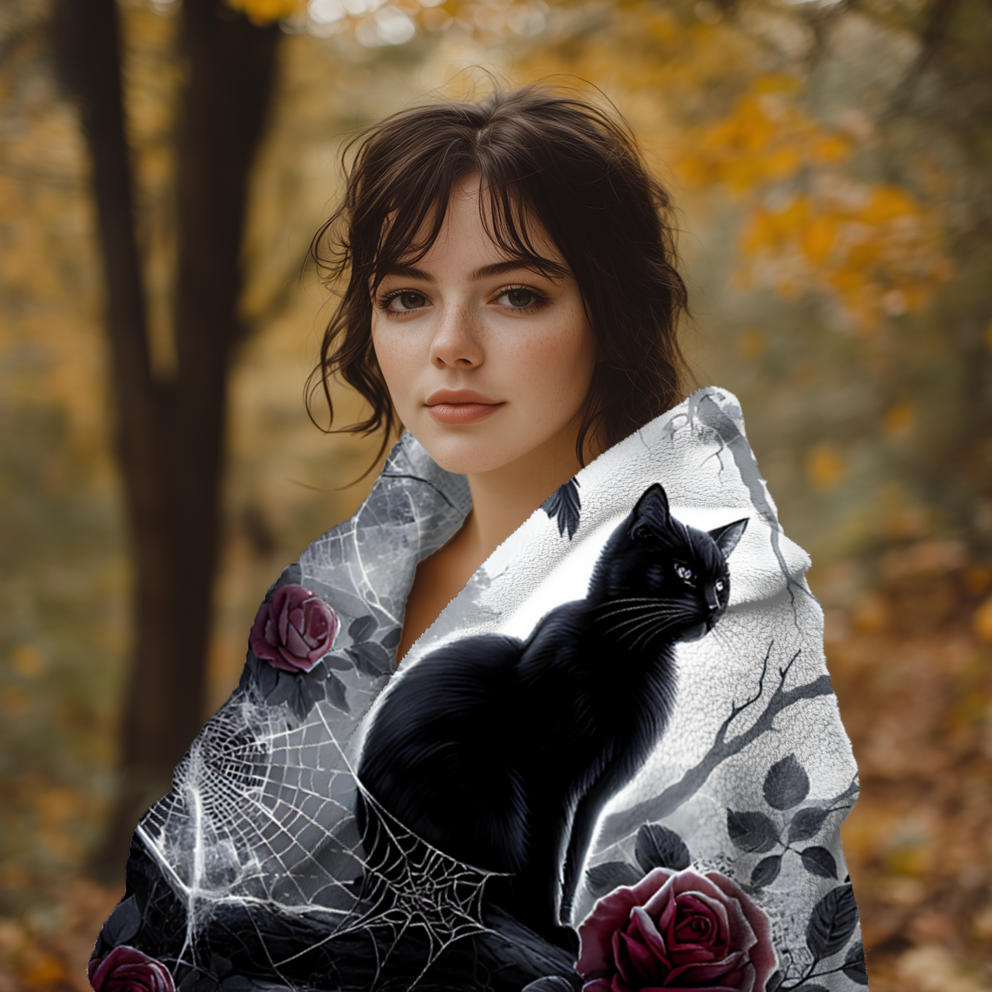 Gothic Black Cat & Roses Velveteen Blanket - Moonlit Spiderweb Halloween Throw in 3 Sizes