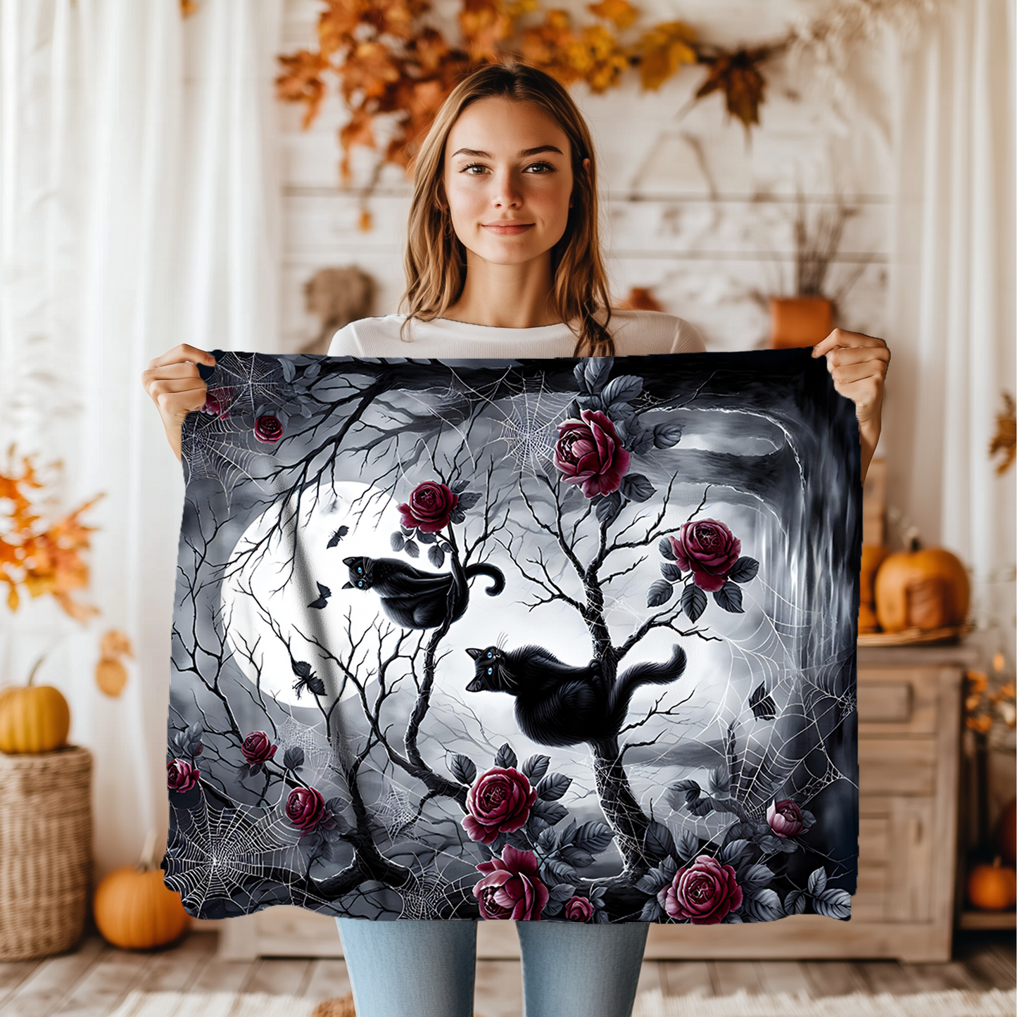 Gothic Black Cats & Roses Velveteen Blanket — Sapphire Eyes Moonlit Halloween Throw