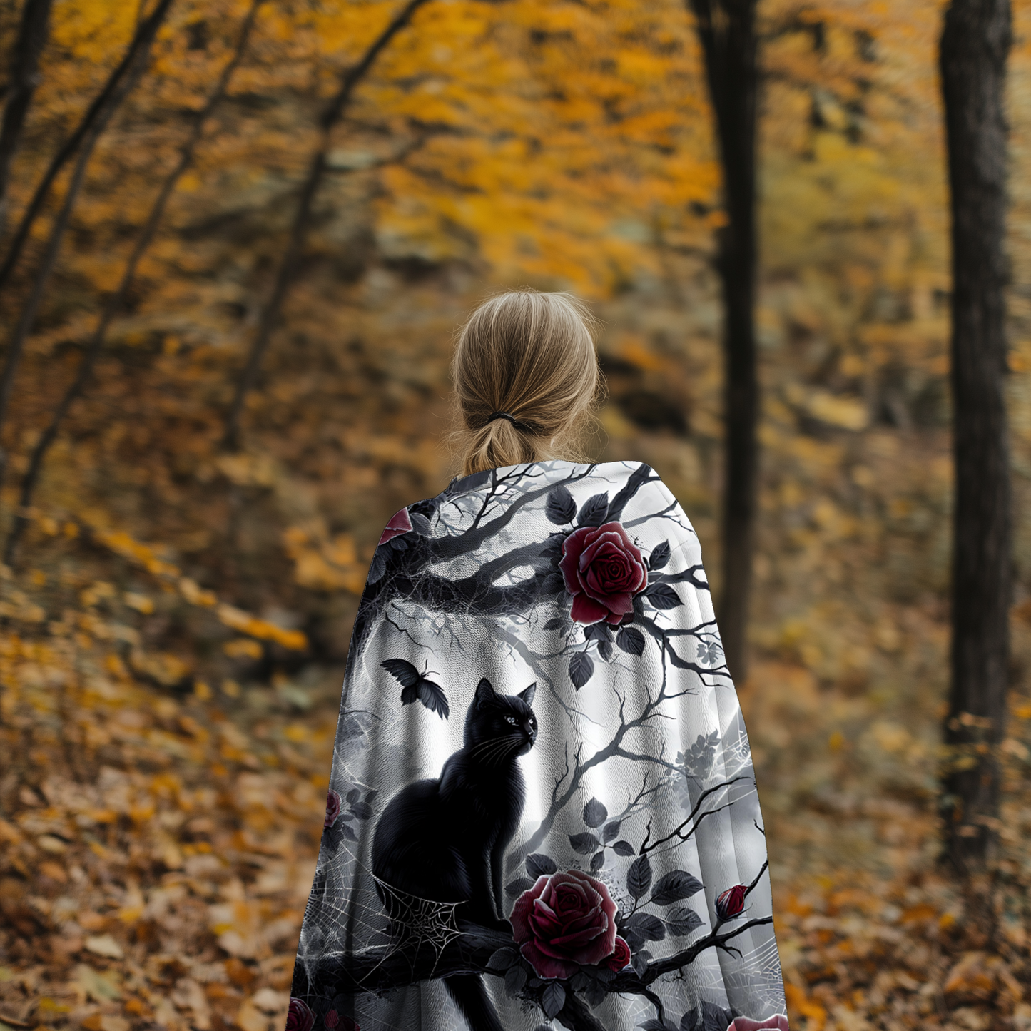 Gothic Black Cat & Roses Velveteen Blanket - Moonlit Spiderweb Halloween Throw in 3 Sizes