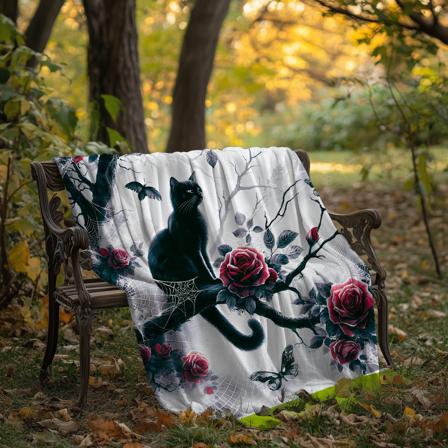 Gothic Black Cat & Roses Velveteen Blanket - Moonlit Spiderweb Halloween Throw in 3 Sizes