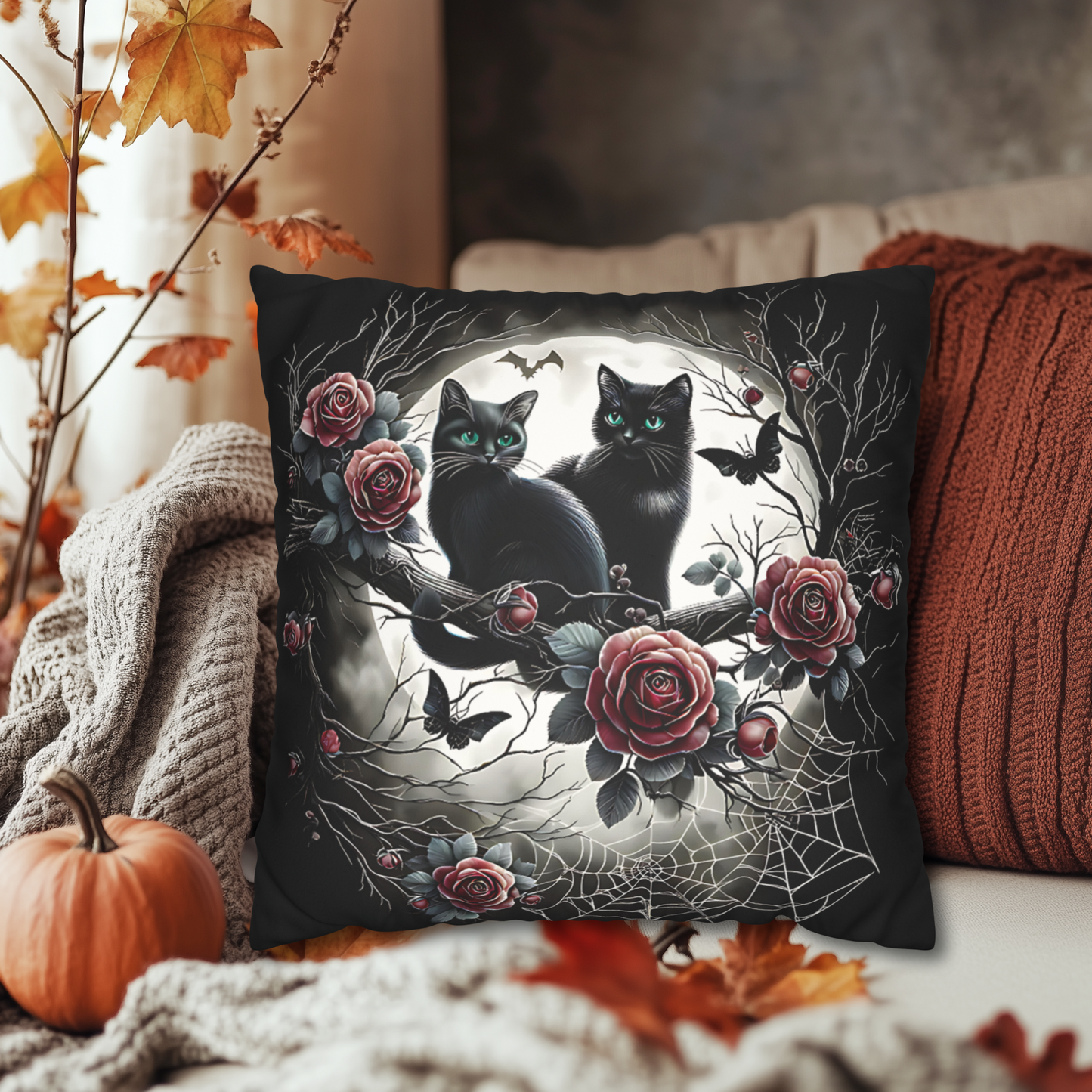 Black Cat Pillow Cover - 2 Kittens with Emerald Green Eyes, Halloween or Gothic Home Decor, Cute Cat Accent Pillow. Cover
