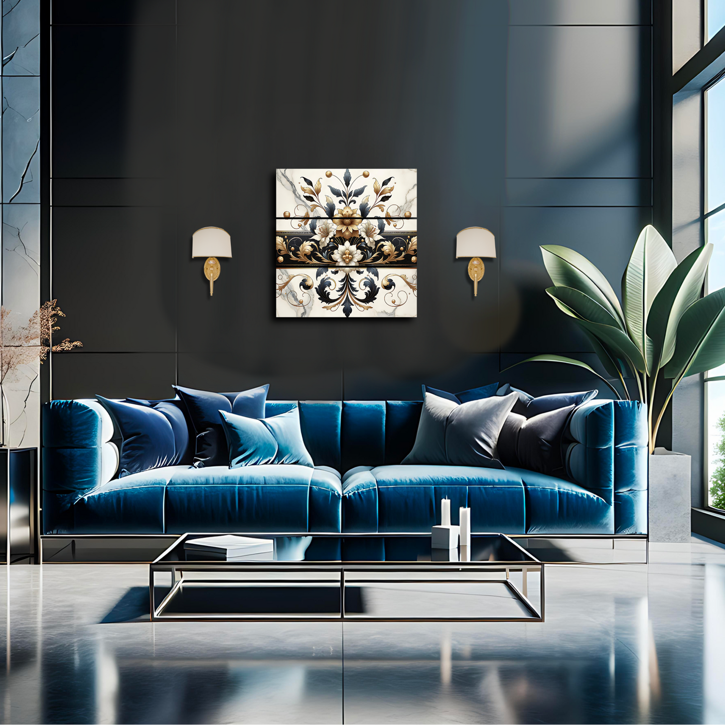 Gilded Reverie – One-of-a-Kind Baroque Floral Wall Art in Black, Gold & Marble | Collector’s Edition