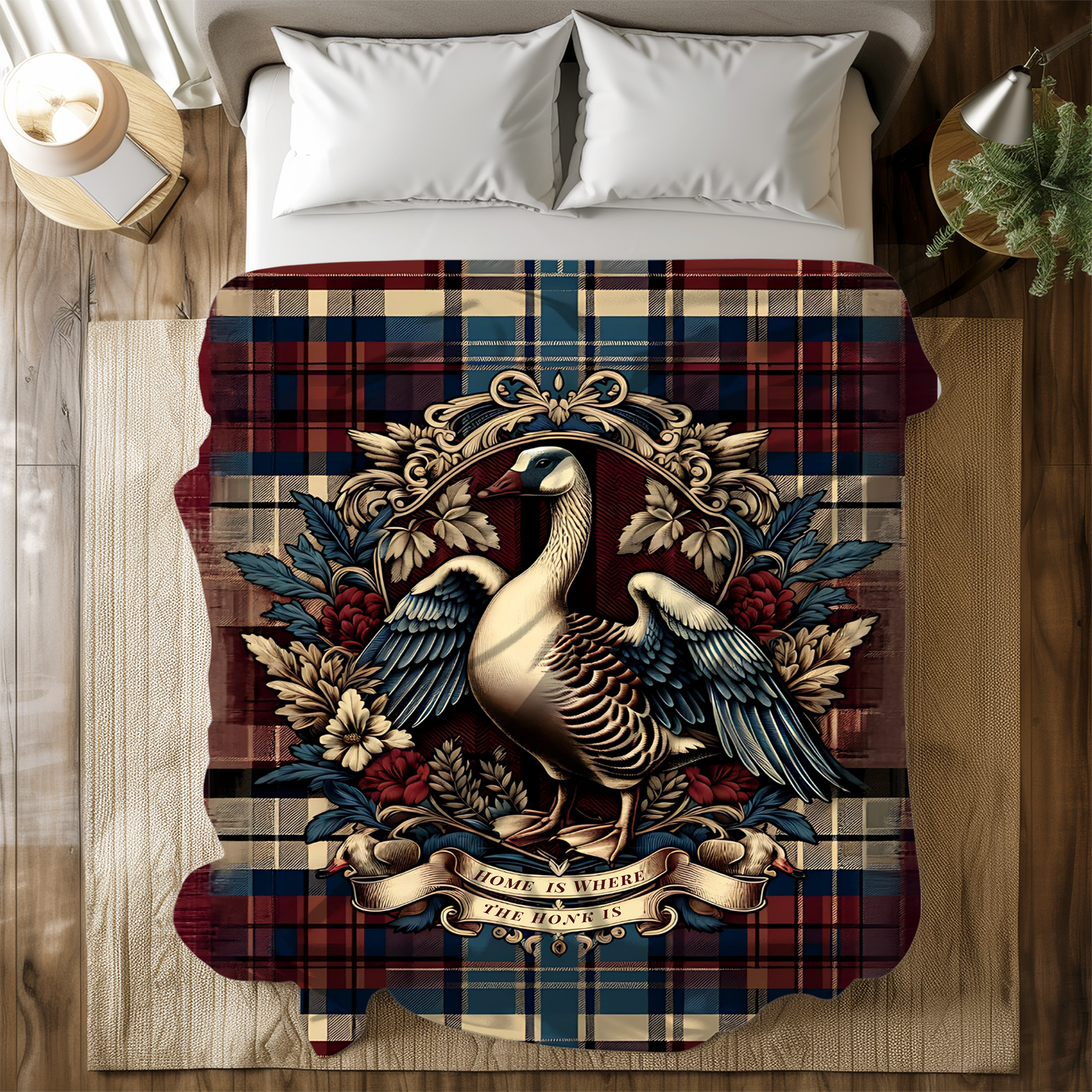 Home is Where the Honk Is Blanket – Rustic Plaid Farmhouse Throw with Vintage Goose Design