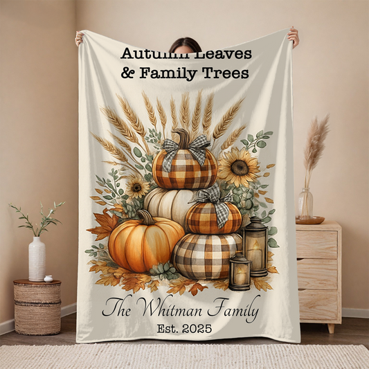 Personalized Fall Blanket – Autumn Leaves & Family Trees – Custom Family Name Throw – Cozy Fall Decor – Thanksgiving Gift