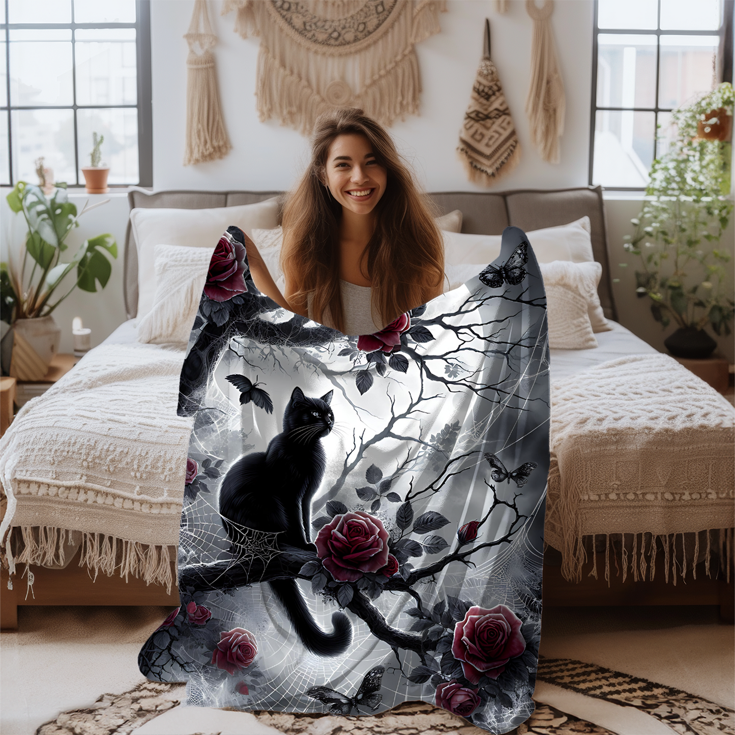 Gothic Black Cat & Roses Velveteen Blanket - Moonlit Spiderweb Halloween Throw in 3 Sizes