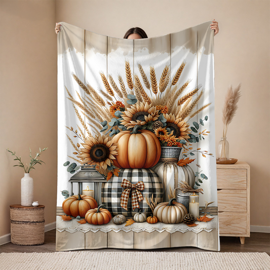 Harvest Glow | Personalized Fall Blanket with Pumpkins & Sunflowers | Cozy Autumn Farmhouse Throw