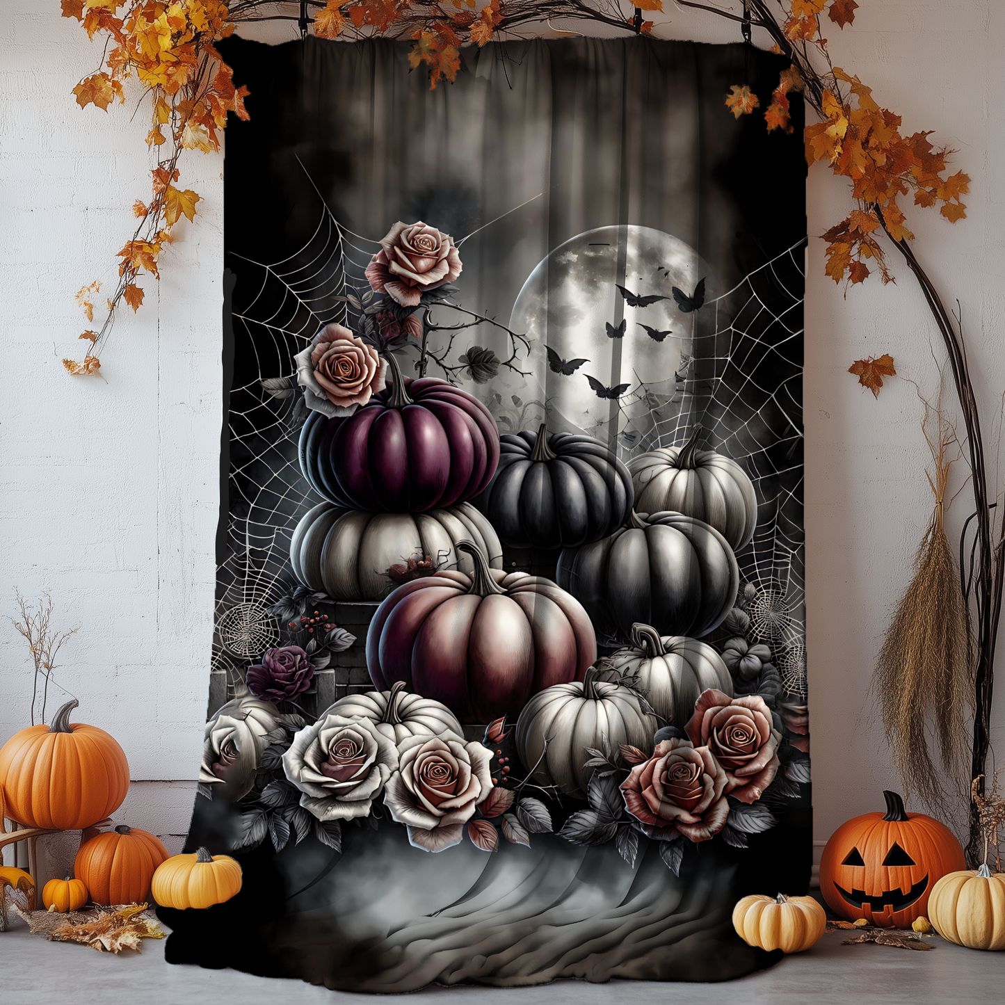 Spooky Gothic Pumpkin and Roses Velveteen Blanket, Elegant Halloween Decor