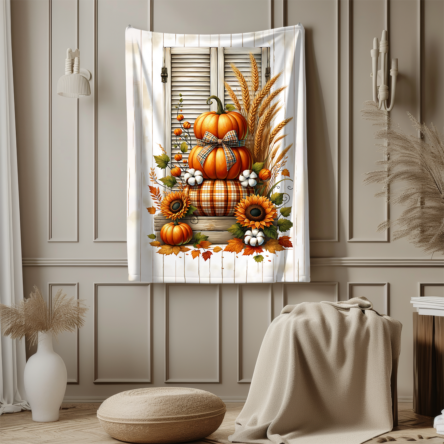 Rustic Autumn Pumpkin & Sunflower Blanket - Cozy Fall Velveteen Throw (50x60 or 60x80)