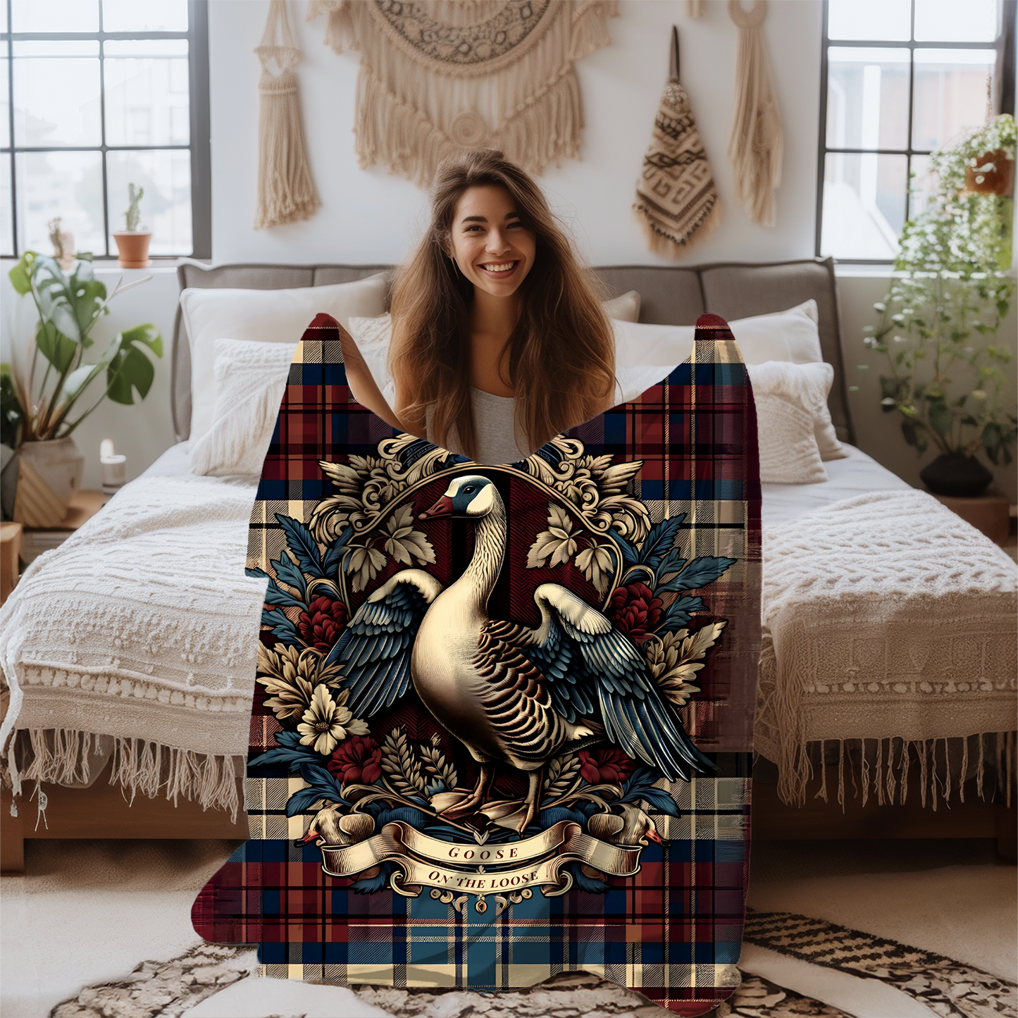 Goose on the Loose Blanket – Rustic Plaid Farmhouse Throw with Vintage Goose Design