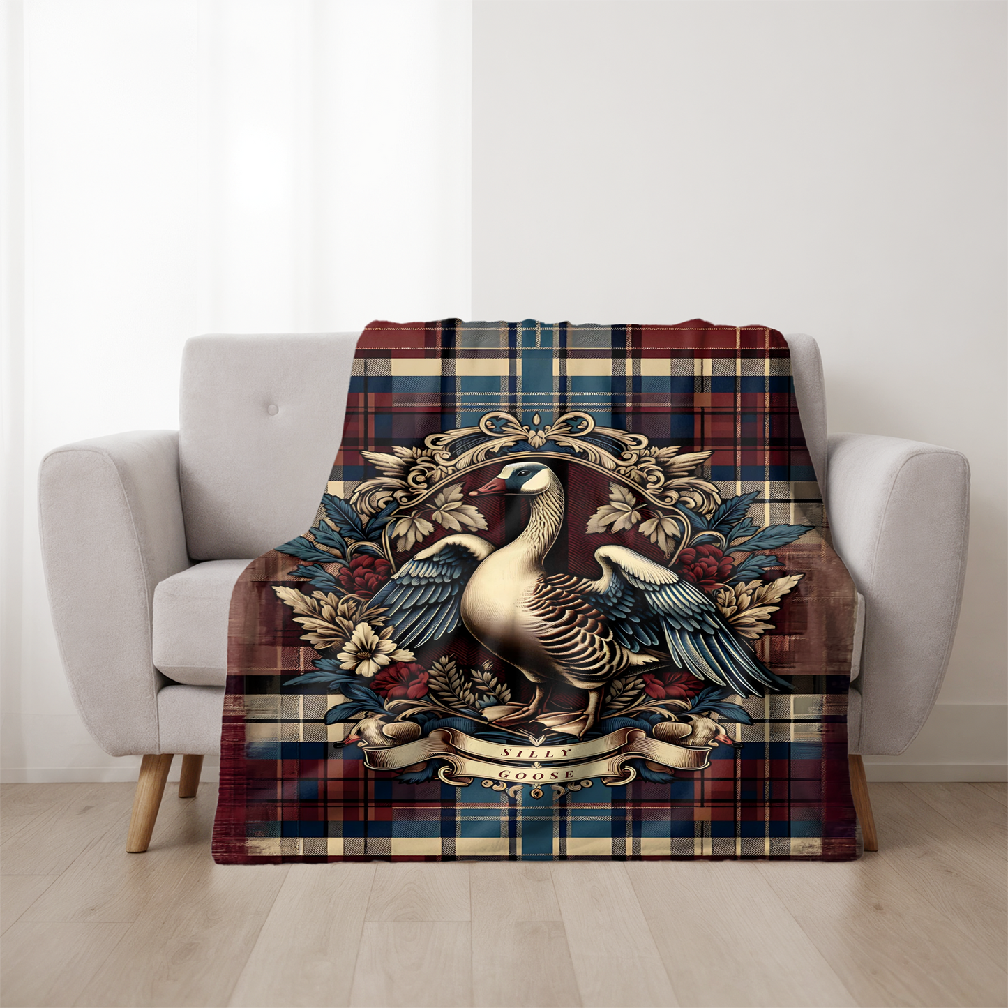 Silly Goose Blanket – Rustic Plaid Farmhouse Throw with Vintage Goose Design