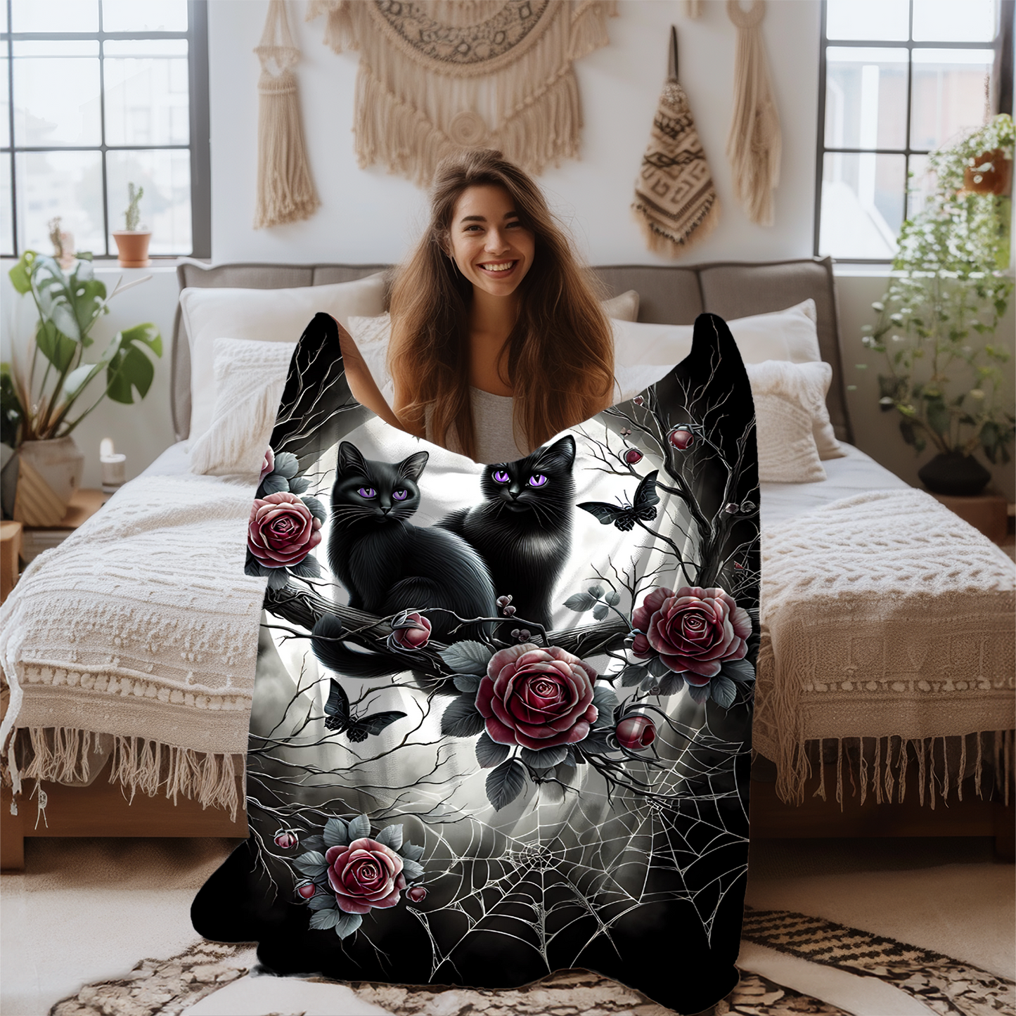 Gothic Black Kittens & Roses Velveteen Blanket — Amethyst Eyes Moonlit Halloween Throw