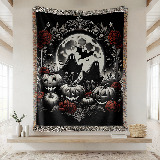 Haunted Harvest Halloween Blanket – Gothic Ghost Couple & Pumpkins | Spooky Woven Throw in 3 Sizes
