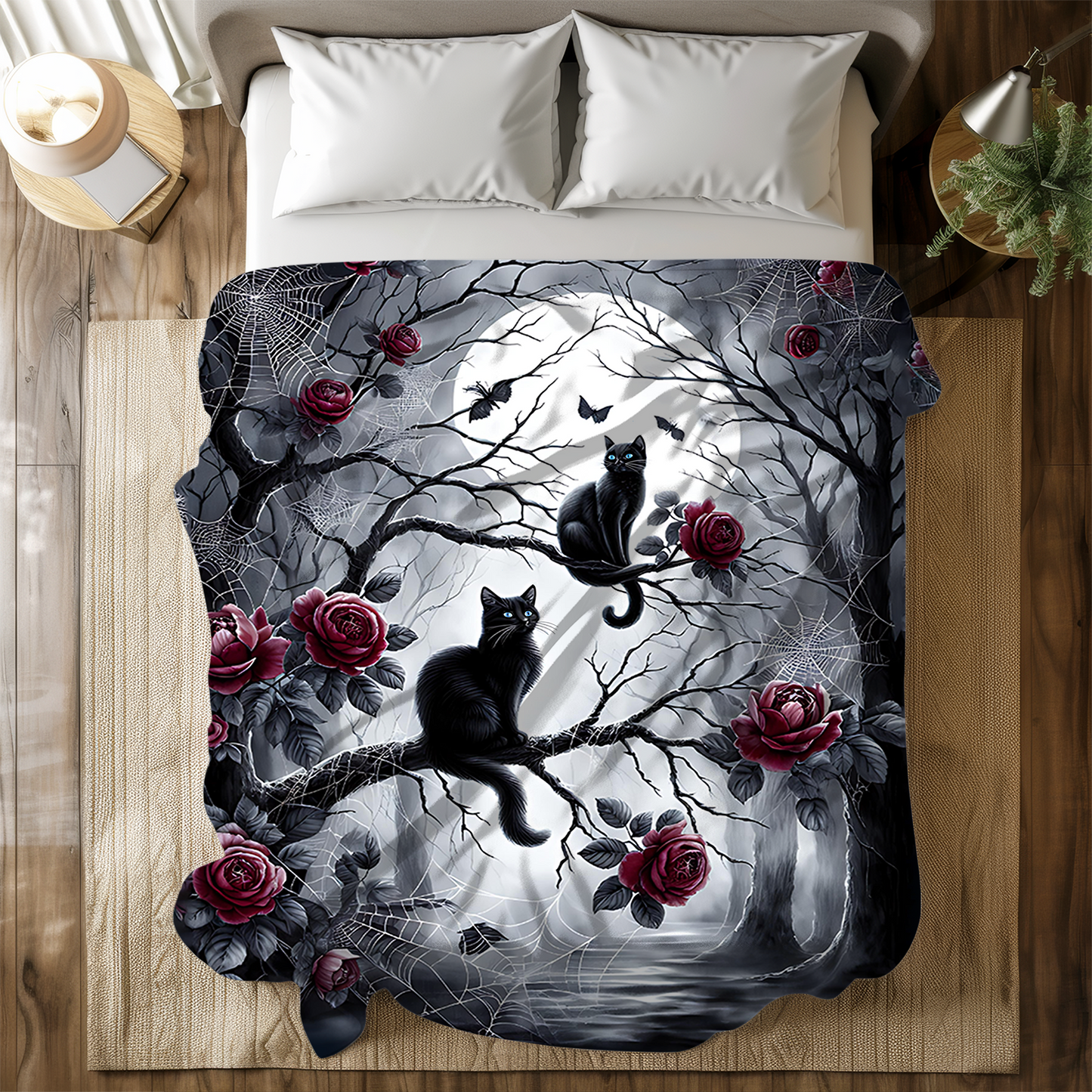 Gothic Black Cats & Roses Velveteen Blanket — Sapphire Eyes Moonlit Halloween Throw