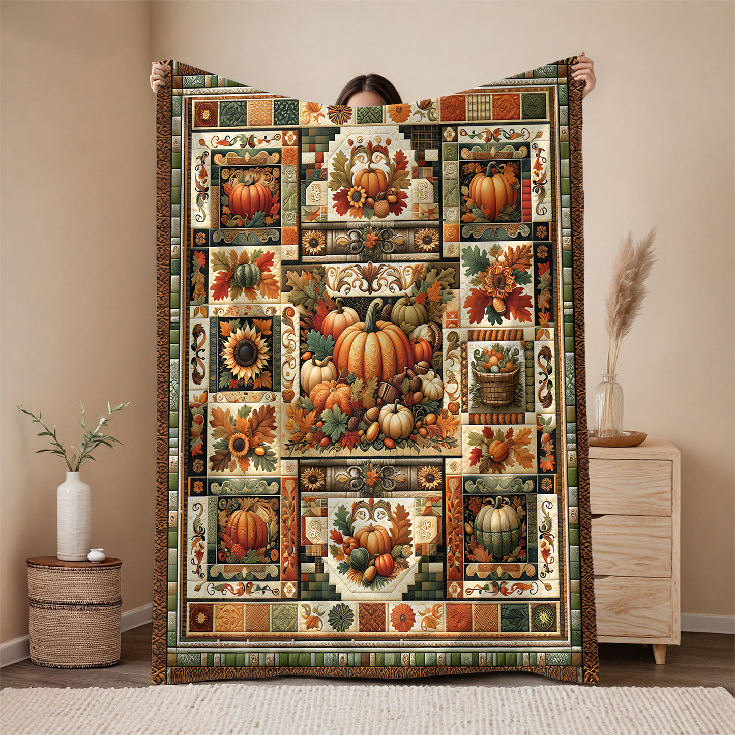 Harvest Patchwork Blanket Gift for Mom, Cozy Autumn Throw with Pumpkins, Sunflowers & Fall Leaves, Rustic Farmhouse Quilt Look, Host Gift
