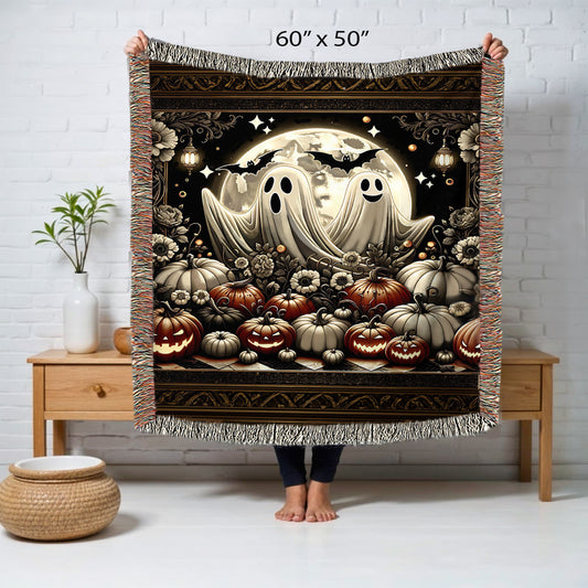 Haunted Harvest Woven Blanket – Vintage Ghost Couple & Pumpkins | Spooky Halloween Throw (No Text)