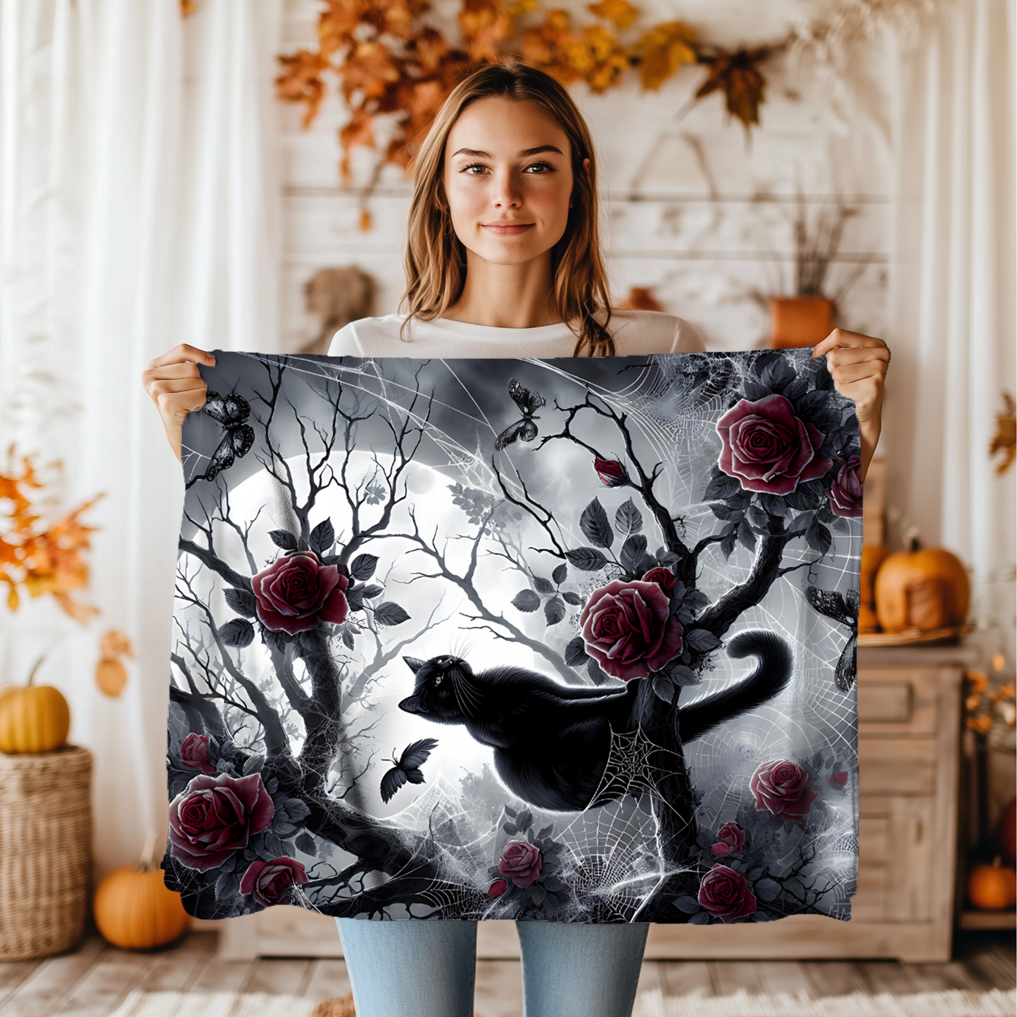Gothic Black Cat & Roses Velveteen Blanket - Moonlit Spiderweb Halloween Throw in 3 Sizes