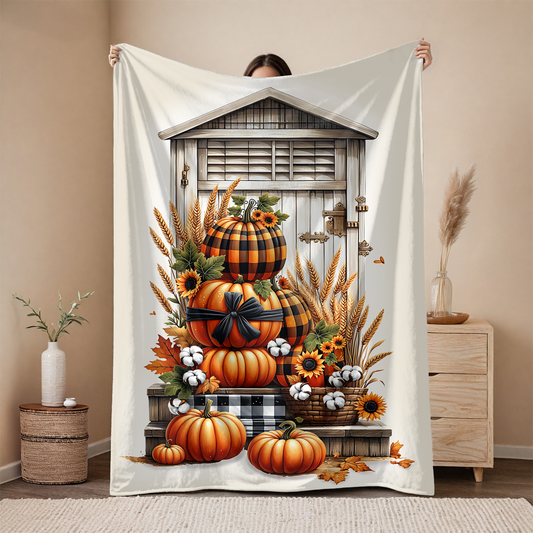 Buffalo Plaid Pumpkin & Sunflower Blanket - Cozy Fall Velveteen Throw (50x60 or 60x80)