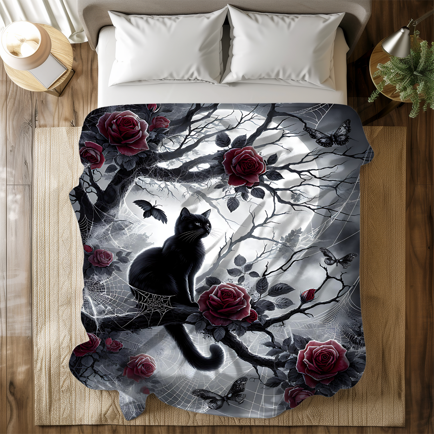 Gothic Black Cat & Roses Velveteen Blanket - Moonlit Spiderweb Halloween Throw in 3 Sizes