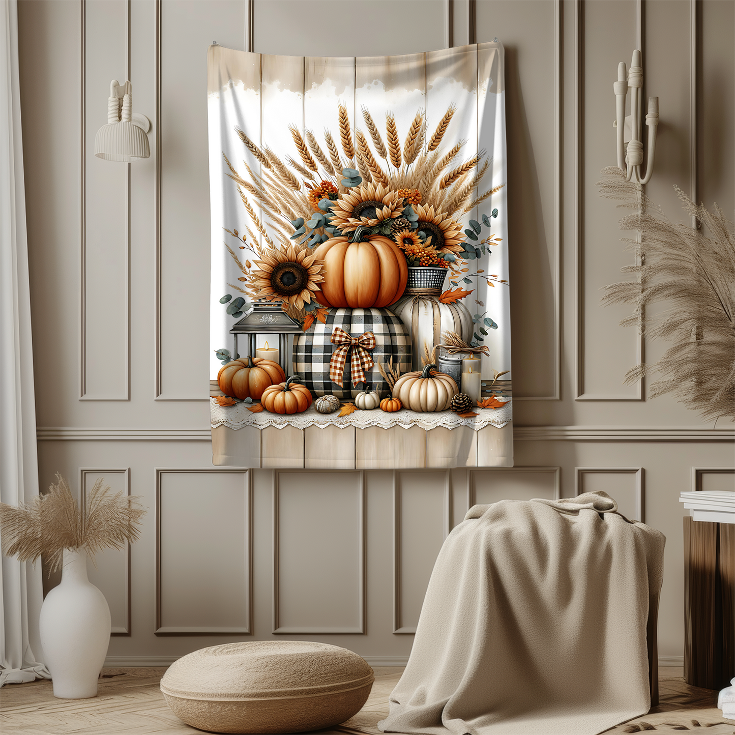 Harvest Glow | Personalized Fall Blanket with Pumpkins & Sunflowers | Cozy Autumn Farmhouse Throw