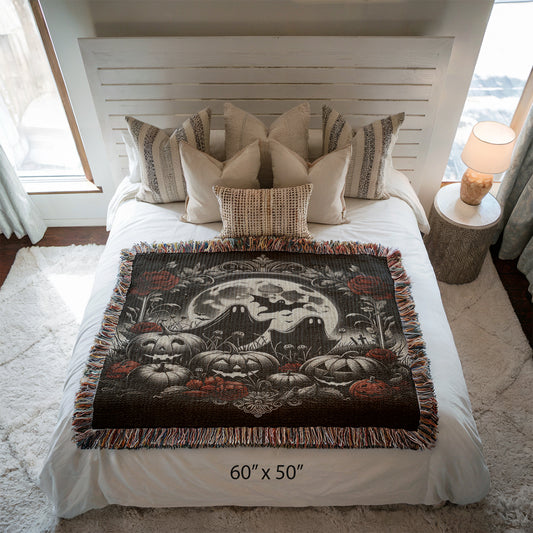 Haunted Harvest Halloween Blanket – Gothic Ghost Couple & Pumpkins | Spooky Woven Throw in 3 Sizes