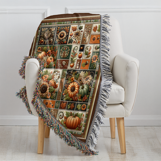 The Autumn Heirloom Woven Blanket – Cozy Fall Tapestry Throw with Pumpkins, Sunflowers, and Rustic Harvest Charm