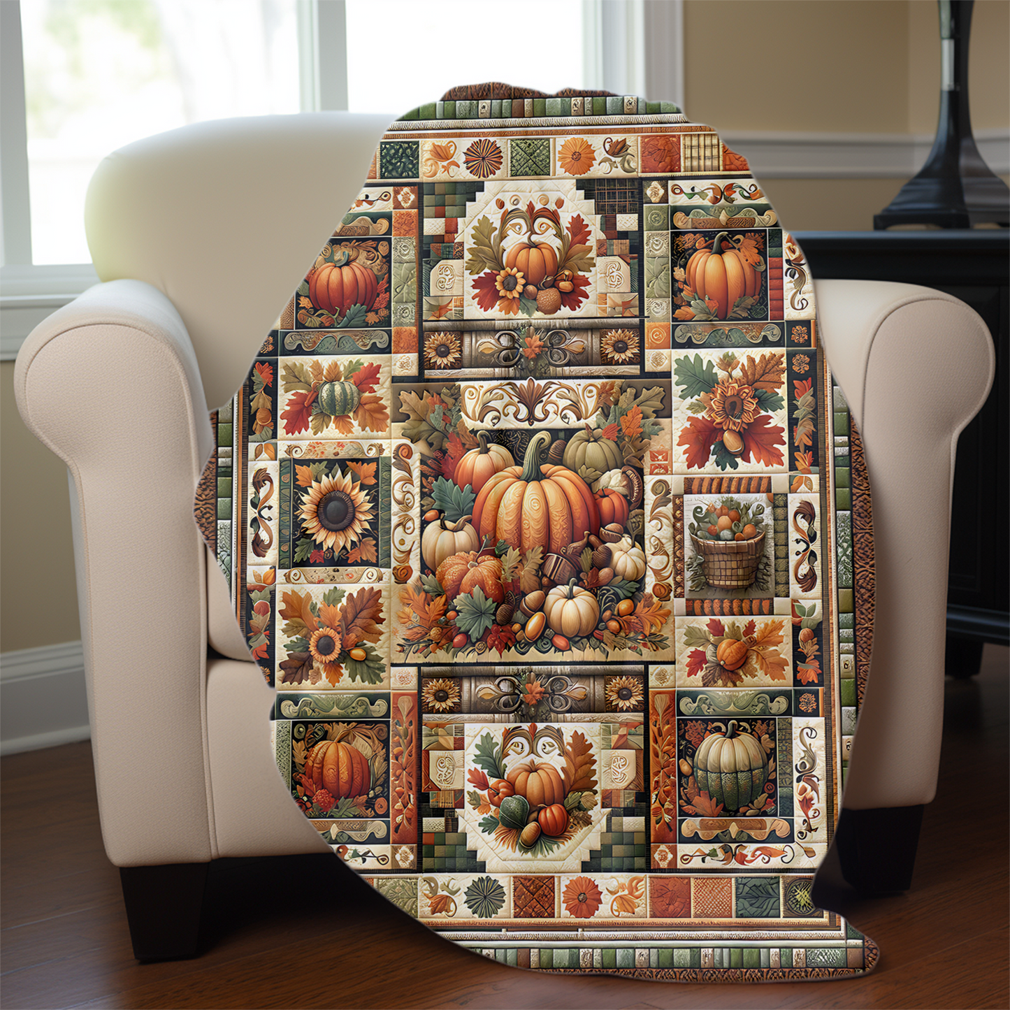Harvest Patchwork Blanket Gift for Mom, Cozy Autumn Throw with Pumpkins, Sunflowers & Fall Leaves, Rustic Farmhouse Quilt Look, Host Gift