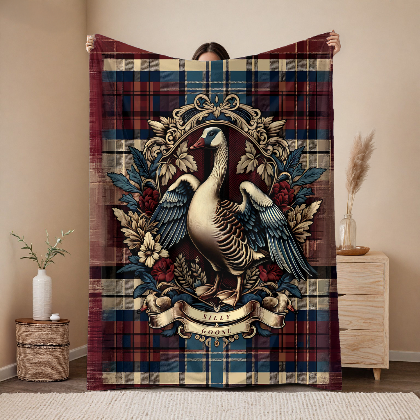 Silly Goose Blanket – Rustic Plaid Farmhouse Throw with Vintage Goose Design