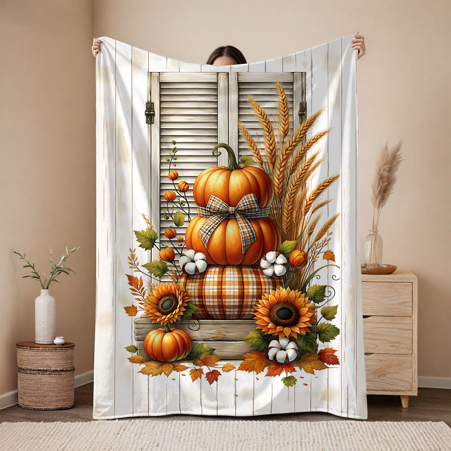 Rustic Autumn Pumpkin & Sunflower Blanket - Cozy Fall Velveteen Throw (50x60 or 60x80)