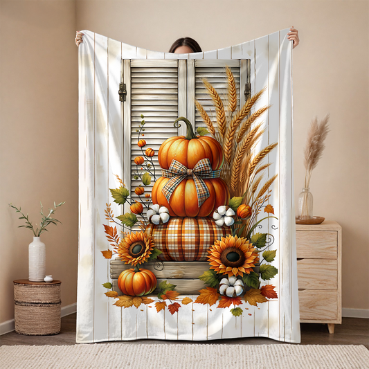 Rustic Autumn Pumpkin & Sunflower Blanket - Cozy Fall Velveteen Throw (50x60 or 60x80)